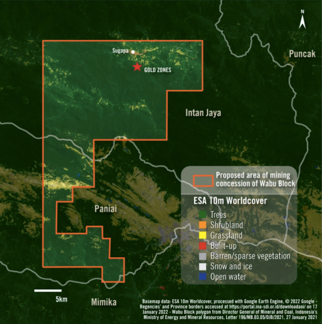 Image satellite montrant la zone de délimitation du Wabu Block, à cheval sur trois régions.