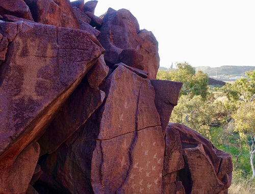 Sur les roches rouges de Murujuga, des gravures ancestrales. L'une d'elle semble avoir une forme humaine. En fond, la forêt aride australienne