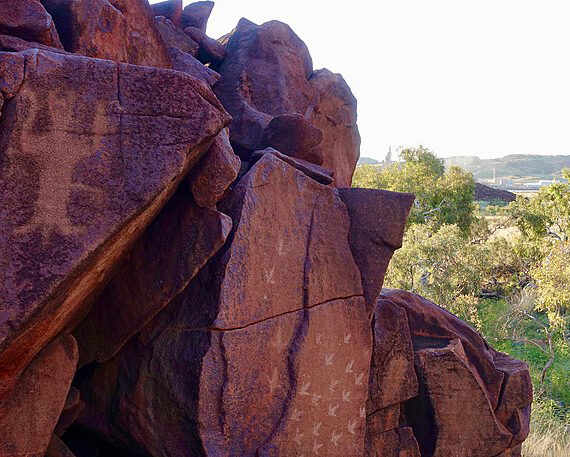 Sur les roches rouges de Murujuga, des gravures ancestrales. L'une d'elle semble avoir une forme humaine. En fond, la forêt aride australienne