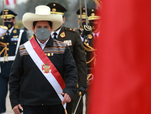 Le président péruvien Pedro Castillo fait face au drapeau blanc et rouge du Pérou