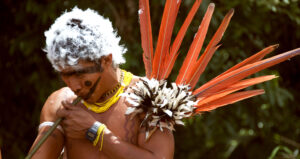 Homme Yanomami peint sur le visage et le corps en rouge urucum et noir genipapo. Il est aussi décoré avec des plumes d'oiseaux