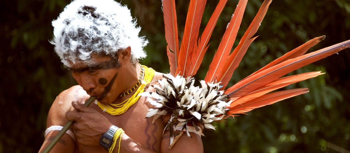 Homme Yanomami peint sur le visage et le corps en rouge urucum et noir genipapo. Il est aussi décoré avec des plumes d'oiseaux